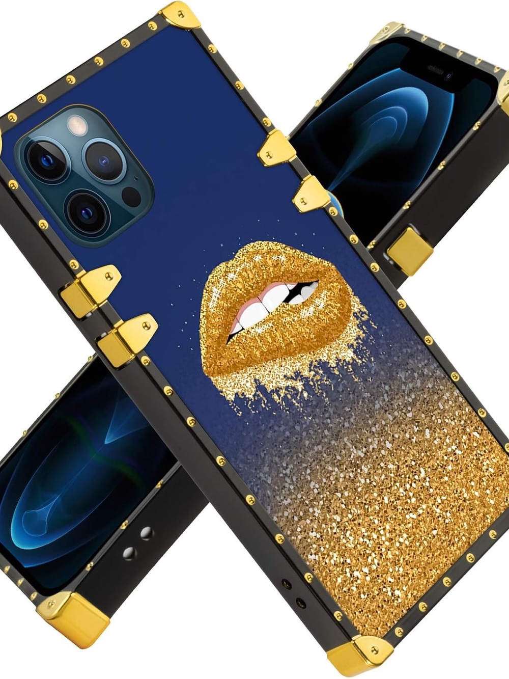 Luxury Gold Glitter Lips Rectangle Phone Case - Blue & Gold Iphone 12 Pro Max